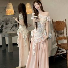 批发【原版布料】甜美斜肩碎花<b class='q'>不规则</b>飘带短袖T恤收腰显瘦上衣