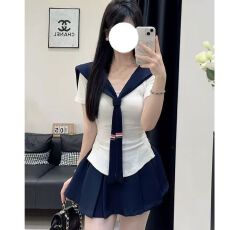 批发减龄学院海军上衣秋季甜美纯欲<b class='q'>修身</b>短袖蛋糕打底显瘦半身裙套装