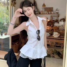 批发纯欲气质白色衬衫<b class='q'>连衣裙</b>女夏季新款无袖A字收腰显瘦<b class='q'>花苞</b>短裙