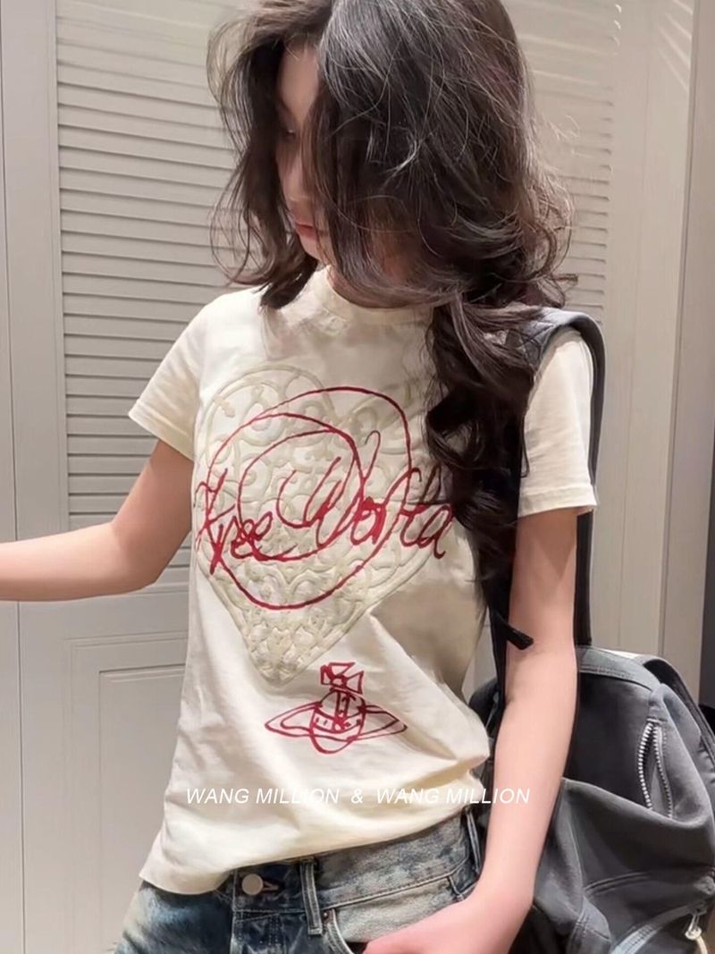 210 그램 40 순면 포밍 인쇄 하트 라운드 넥 티셔츠 여성 작은 대중 디자인 센스 반팔 맨위