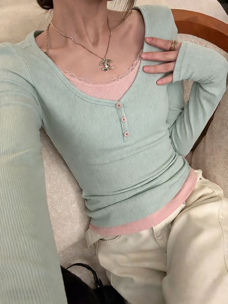 260 그램 사람들 면 모달 배색 패치워크 페이크 레이어드 몸매 가꾸기 긴팔 티셔츠 여성 기본 셔츠 레이스 측면에 의류