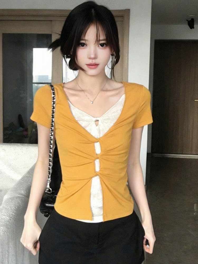 260 그램 사람들 면 모달 페이크 레이어드 패치워크 반팔 티셔츠 V넥 긍정적 인 어깨 비틀림 몸매 가꾸기 맨위