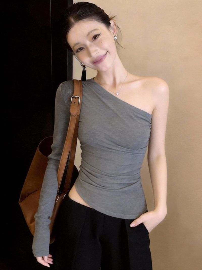 260 그램 사람들 면 모달 오프숄더 디자인 센스 긴팔 티셔츠 여성 몸매 가꾸기 주름 기본 셔츠 맨위