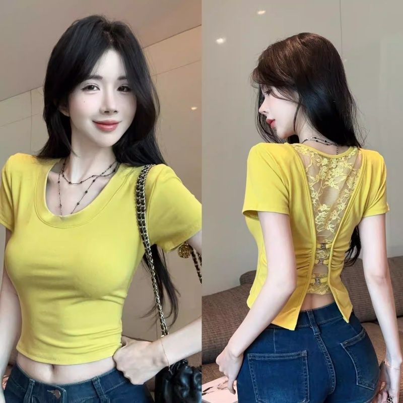 260 그램 사람들 면 모달 레이스 홀로우 아웃 백리스 반팔 티셔츠 여성 몸매 가꾸기 맨위