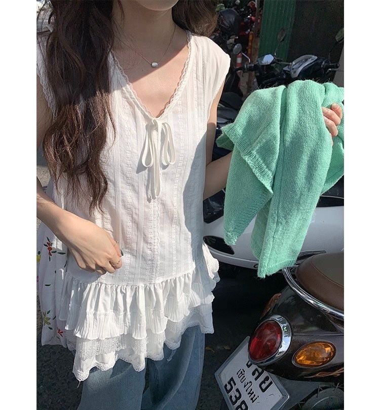 프랑스식 화이트 레이스 민소매 캐미솔 여성 셔츠 트렌디 여름 작은 키 품격