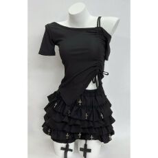 批发黑色暗黑哥特十字架设计感<b class='q'>蓬蓬</b>短裙防走光显瘦抽绳短袖上衣套装女