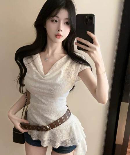 원본 원단 프랑스식 익스트림 제인 느슨함 레이스 흔들다 칼라 반팔 여름 불규칙 맨위
