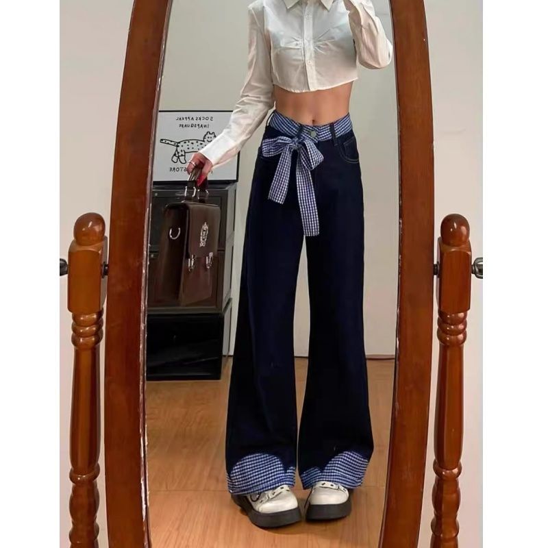 다용도 레트로 스트랩 아메리칸 나비 매듭 체크무늬 패치워크 스트레이트 청바지 새로운 루즈핏 디자인 하이웨이스트 볼륨 측면