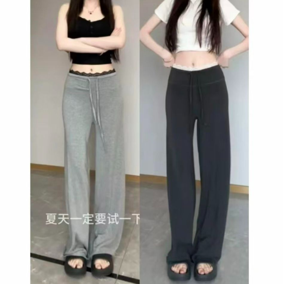 고급 센스 디자인 레이스 레이스 캐주얼 바지 여성 2026 봄 새로운 하이웨이스트 슬림해 보이는 배 모양 몸 스트레이트 팬츠