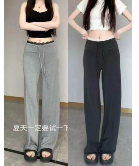 고급 센스 디자인 레이스 레이스 캐주얼 바지 여성 2026 봄 새로운 하이웨이스트 슬림해 보이는 배 모양 몸 스트레이트 팬츠