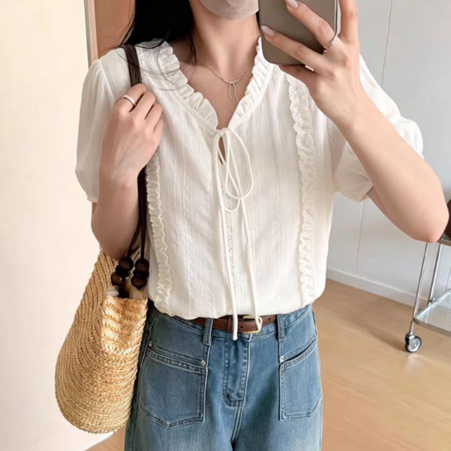 한 부서 프릴 레이스업 화이트 여성 셔츠 여름 얇은 스타일 반팔 자외선 차단 부드러운 다용도 출퇴근 출근 셔츠