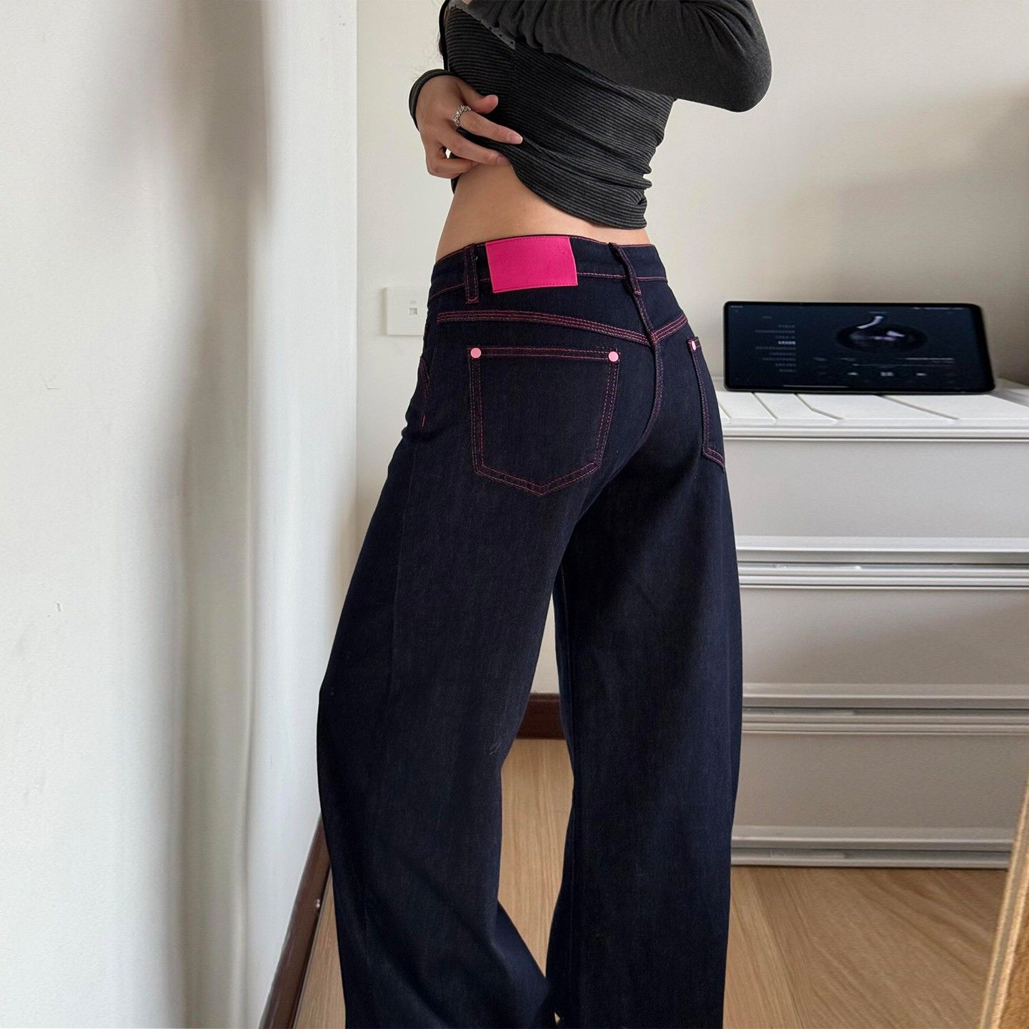 디자인 센스 아메리칸 트렌디 차가운 디자인 센스 로우 웨이스트 넓은 다리 청바지 여름 새로운 루즈핏 슬림해 보이는 다용도 스트레이트 팬츠