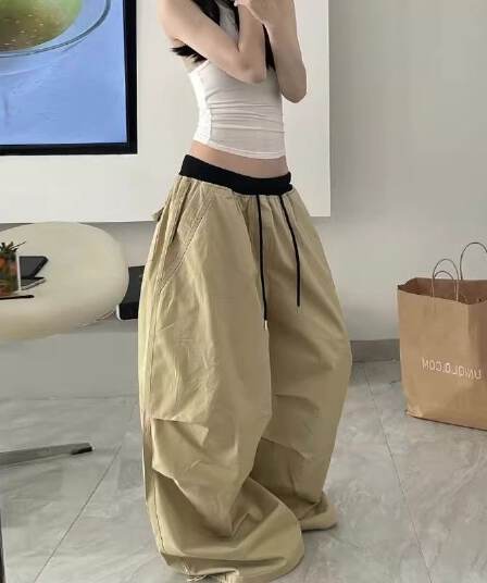 순면 워싱 낙하산 바지 넓은 다리 리브 패치워크 허리밴드 펌프 로프 루즈핏 슬림해 보이는 아메리칸 워크웨어 롱 바지