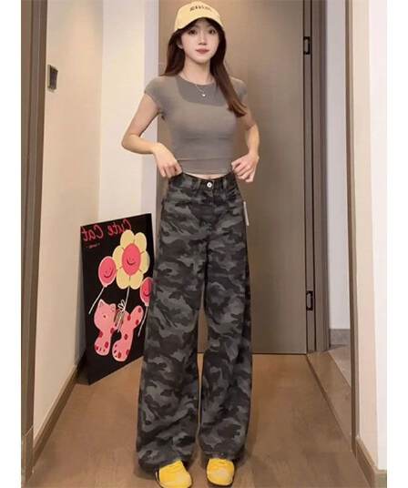 아메리칸 배 모양 몸 넓은 다리 카모플라주 청바지 여성 도루 센스 여름 하이웨이스트 루즈핏 빅 사이즈 슬림해 보이는 스트레이트 바지