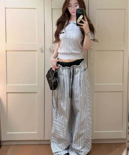 한 부서 파란색 스트라이프 캐주얼 바지 여성 여름 디자인 센스 슬림해 보이는 루즈핏 느긋한 바람 운동 와이드 레그 팬츠 롱 바지