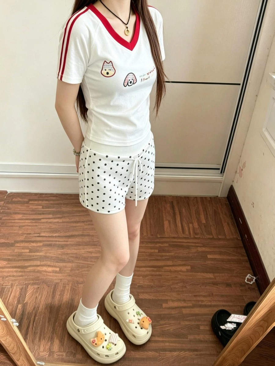 아메리칸 레트로 회색 도트 무늬 운동 반바지 여성 외출용 여름 하이웨이스트 펌프 로프 슬림해 보이는 루즈핏 캐주얼 넓은 다리 핫 바지