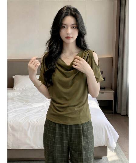 사람들 면 와 사고 방식 빅 사이즈 순수한 욕망 바람 흔들다 칼라 오프숄더 반팔 티셔츠 여성 여름 슬림해 보이는 캐주얼 루즈핏 맨위