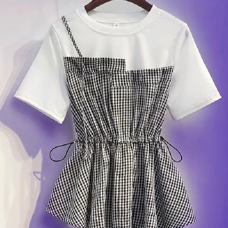 여름 새로운 편안함 지방 mm 반팔 표지 배 허리 수축 작은 대중 여성 Chic 체크무늬 패치워크 페이크 레이어드 셔츠 맨위