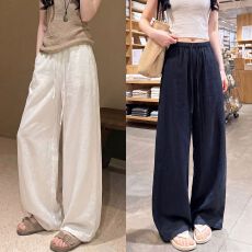 批发藏青色<b class='q'>棉麻</b><b class='q'>阔腿裤</b>女夏季薄款垂感宽松慵懒老钱风窄版直筒亚麻<b class='q'>裤</b>子
