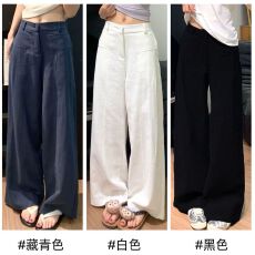 批发藏青色亚麻苎麻阔腿裤女夏季薄款高腰老钱风<b class='q'>西装</b>直筒棉麻休闲裤子