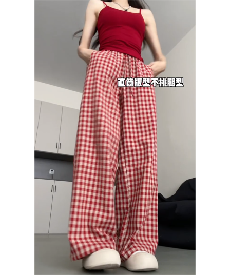 원본 원단 빨간색 체크무늬 바지 아이들 여름 새로운 하이웨이스트 슬림해 보이는 루즈핏 캐주얼 와이드 레그 팬츠