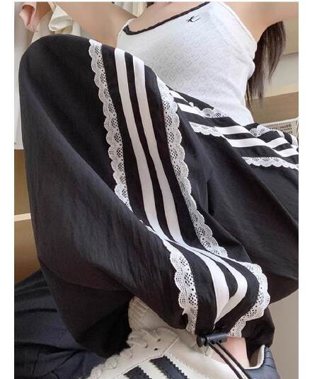 브로케이드 면 주름 레이스 측면 넓은 다리 워크웨어 팬츠 여성 여름 얇은 스타일 루즈핏 하이웨이스트 스트라이프 캐주얼 스트레이트 운동 바지