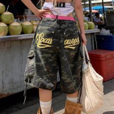 批发复古迷彩字母印花口袋绑带工装<b class='q'>牛仔</b>裤女2026夏新款宽松阔腿五分裤