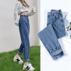 批发胖mm大码九分老爹<b class='q'>牛仔</b>裤女新款可调节高腰显瘦直筒宽松萝卜<b class='q'>哈伦</b>裤