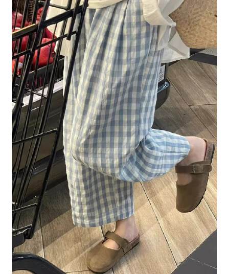 s-6xl 일본식 파란색 체크무늬 구름 바지 여성 여름 섹션 하이웨이스트 루즈핏 슬림해 보이는 캐주얼 풍선 바지 굴곡 바지