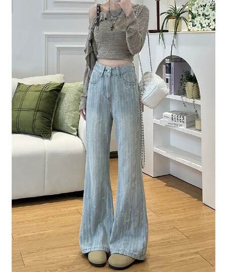 워싱 마 오래된 밝은색 긁다 부수다 자카드 수직 곡물 질감 청바지 작은 대중 아메리칸 레트로 도루 센스 와이드 레그 팬츠 바닥 청소