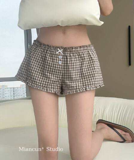 아메리칸 레트로 곡물 프릴 단추 스트레이트 반바지 여성 여름 다용도 캐주얼 로우 웨이스트 만나는 바지