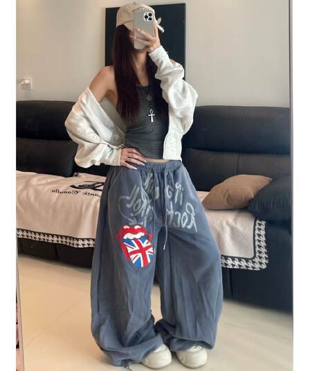 아메리칸 조수 브랜드 큰 혀 알파벳 캐주얼 웨이 바지 여성 루즈핏 넓은 다리 도루 센스 바닥 청소 긴 바지