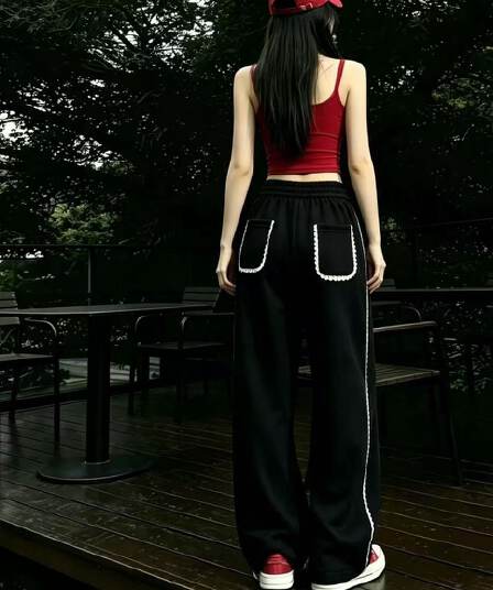 2026 검정색 다용도 캐주얼 여성 레이스 조각 가을 봄 새로운 출퇴근 펌프 로프 루즈핏 아메리칸 넓은 다리 길이 바지