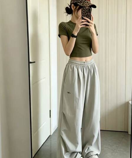 웃음 하 ins 인터넷 유명인 레트로 아메리칸 느긋한 바람 스트리트 댄스 넓은 다리 루즈핏 빅 사이즈 운동 캐주얼 바닥 청소 웨이 바지 트렌디