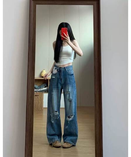 레트로 높음 거리 찢어진 부분 넓은 다리 파란색 청바지 여성 봄 가을 디자인 센스 하이웨이스트 루즈핏 슬림해 보이는 스트레이트 청바지