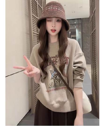 한 부서 패션 레트로 알파벳 프린트 라운드 넥 후드티 여성 가을 겨울 작은 키 다용도 슬림해 보이는 긴팔 없음 모자 의류