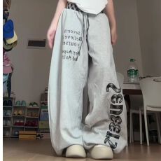 批发大码女<b class='q'>装</b>美式复古格纹拼接休闲裤女街头字母印花宽松运动阔腿卫裤