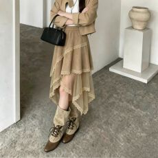 批发设计感时尚百搭不规则蕾丝花边拼接层次感中长款半身裙a字裙女