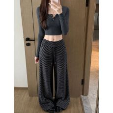 批发【原版品质】韩系复古条纹阔腿裤女秋季bf宽松慵懒风宽松<b class='q'>休闲裤</b>
