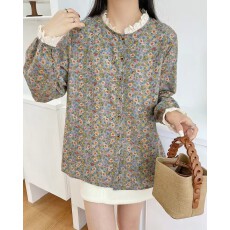 批发花边小圆领<b class='q'>格子</b>长袖开衫长袖复古女装上衣衬衣宽松秋女装纯棉衬衫