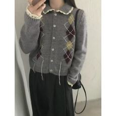 批发2025年格<b class='q'>开衫</b>韩系休闲宽松花边领菱格<b class='q'>开衫</b>保暖毛衣