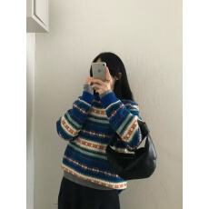 批发韩系彩格单排扣<b class='q'>圆领</b><b class='q'>针织</b><b class='q'>开衫</b>女秋冬新款宽松小众百搭软糯毛衣外套