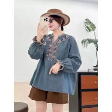 批发复古民族风刺绣<b class='q'>森女</b>系上衣 宽松绣花牛仔V领衬衫女长袖  春秋新款