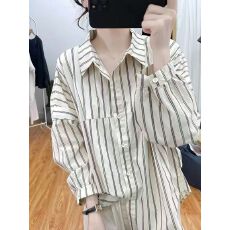 批发高端上档次女上衣品牌大码2026春秋新款条纹<b class='q'>长袖</b>衬衣外套翻领衬衫