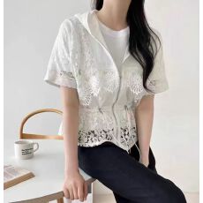 批发衬衫女短袖蕾丝拼接抽绳<b class='q'>收腰</b>2026年夏季新款宽松显瘦拉链连帽上衣