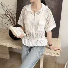 批发2026夏季新款时尚韩版镂空拉链<b class='q'>收腰</b>气质蕾丝衫连帽上衣