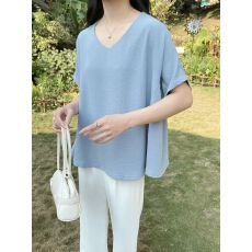 批发2026春夏皱褶上衣<b class='q'>个性</b>圆领纯色大码女装上衣宽松<b class='q'>T</b><b class='q'>恤</b>