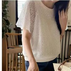 批发<b class='q'>韩版</b>休闲春夏新款花朵优雅淑女气质百搭提花针织衫女短袖<b class='q'>T</b><b class='q'>恤</b>上衣