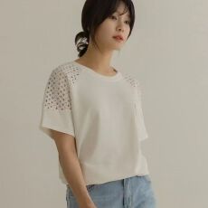 批发2026夏新 <b class='q'>韩国</b>女装 简约纯色减龄镂空蕾丝拼接短袖宽松大码T