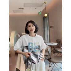 批发2026韩国东大门女装夏季<b class='q'>休闲</b>甜美小清新印花字母蓝白条纹短袖T恤